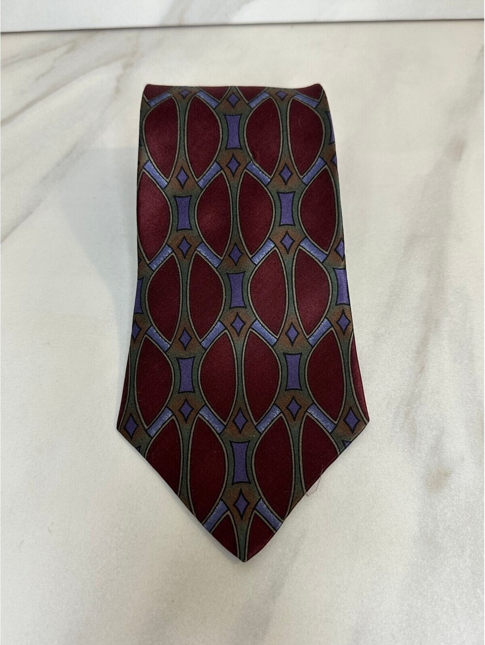 Vintage Halston burgundy olive lavender geometric 100% Italian silk tie art deco